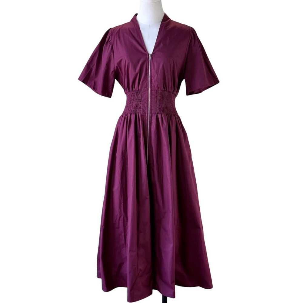 Style U Midi Dress Women Small Plum Smocked Waist Zip Front Cotton Puff Sleeve - Picture 2 of 10